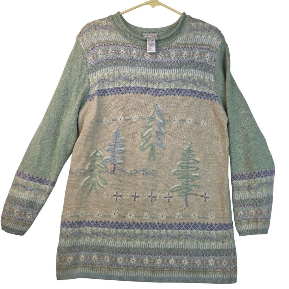 Koret Green Fair Isle Tree Design Angora Medium Sweater Vintage Deadstock